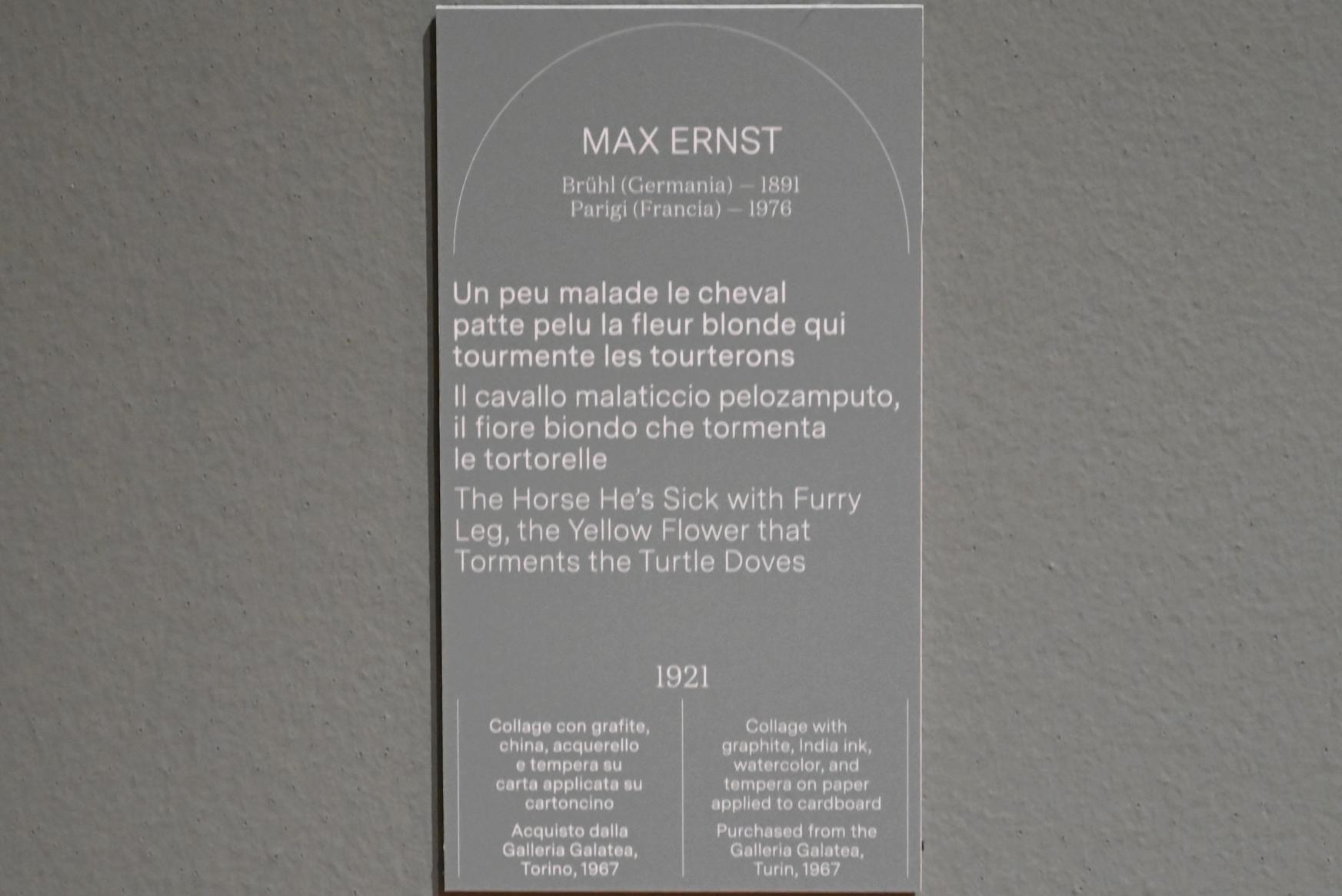 Max Ernst (1912&ndash;1970), Un peu malade le cheval patte pelu la fleur blonde qui tourmente les tourterons, Turin, Galleria civica d'arte moderna e contemporanea (GAM Torino), Saal 2, 1921, Bild 2/2