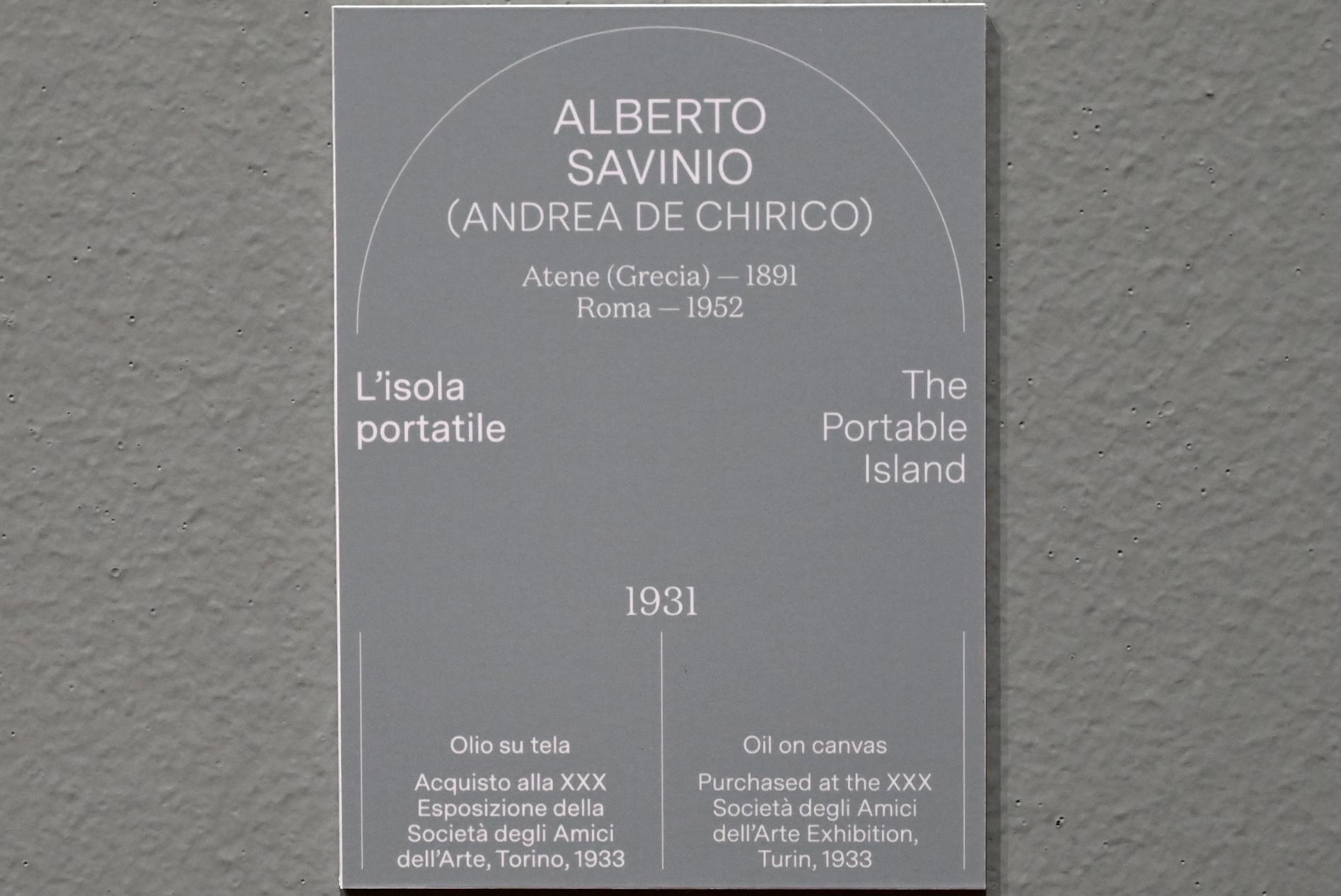 Alberto Savinio (1931–1936), Die tragbare Insel, Turin, Galleria civica d'arte moderna e contemporanea (GAM Torino), Saal 7, 1931, Bild 2/2