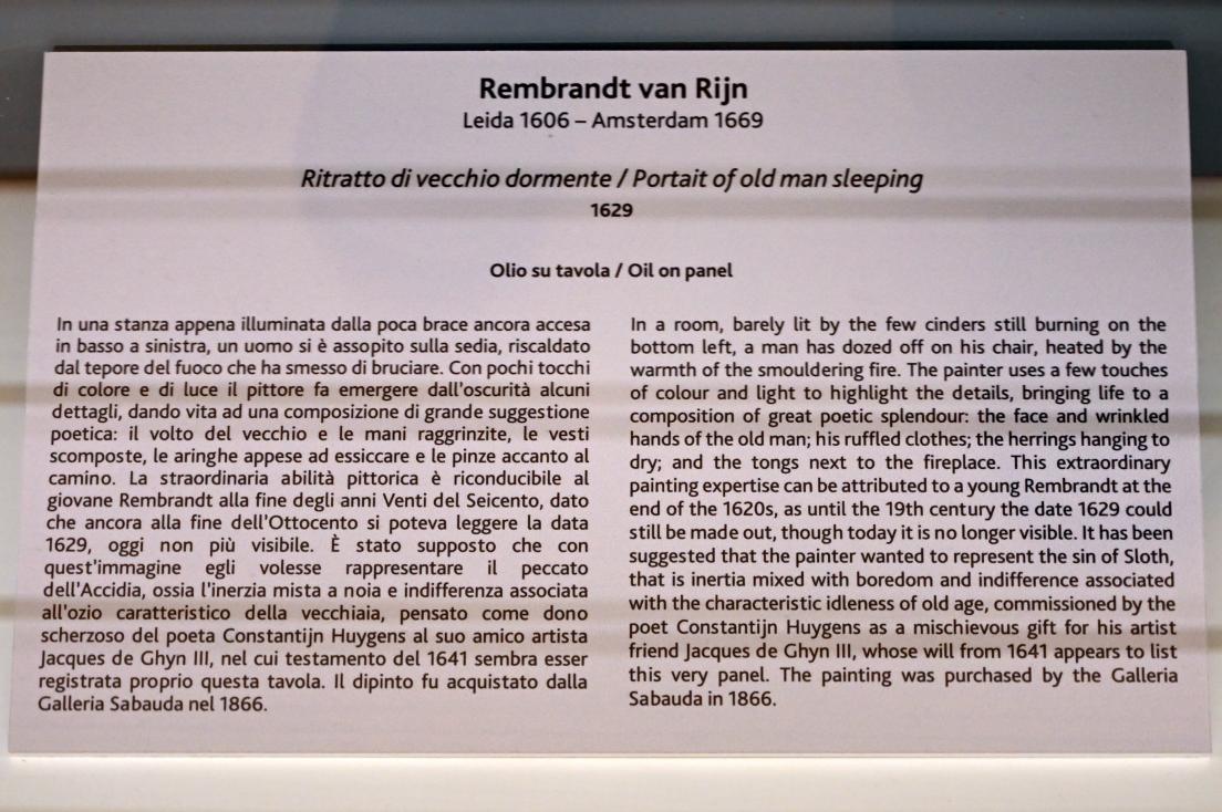 Rembrandt (Rembrandt Harmenszoon van Rijn) (1627&ndash;1669), Porträt eines alten schlafenden Mannes, Turin, Galleria Sabauda, Saal 14, 1629, Bild 2/2
