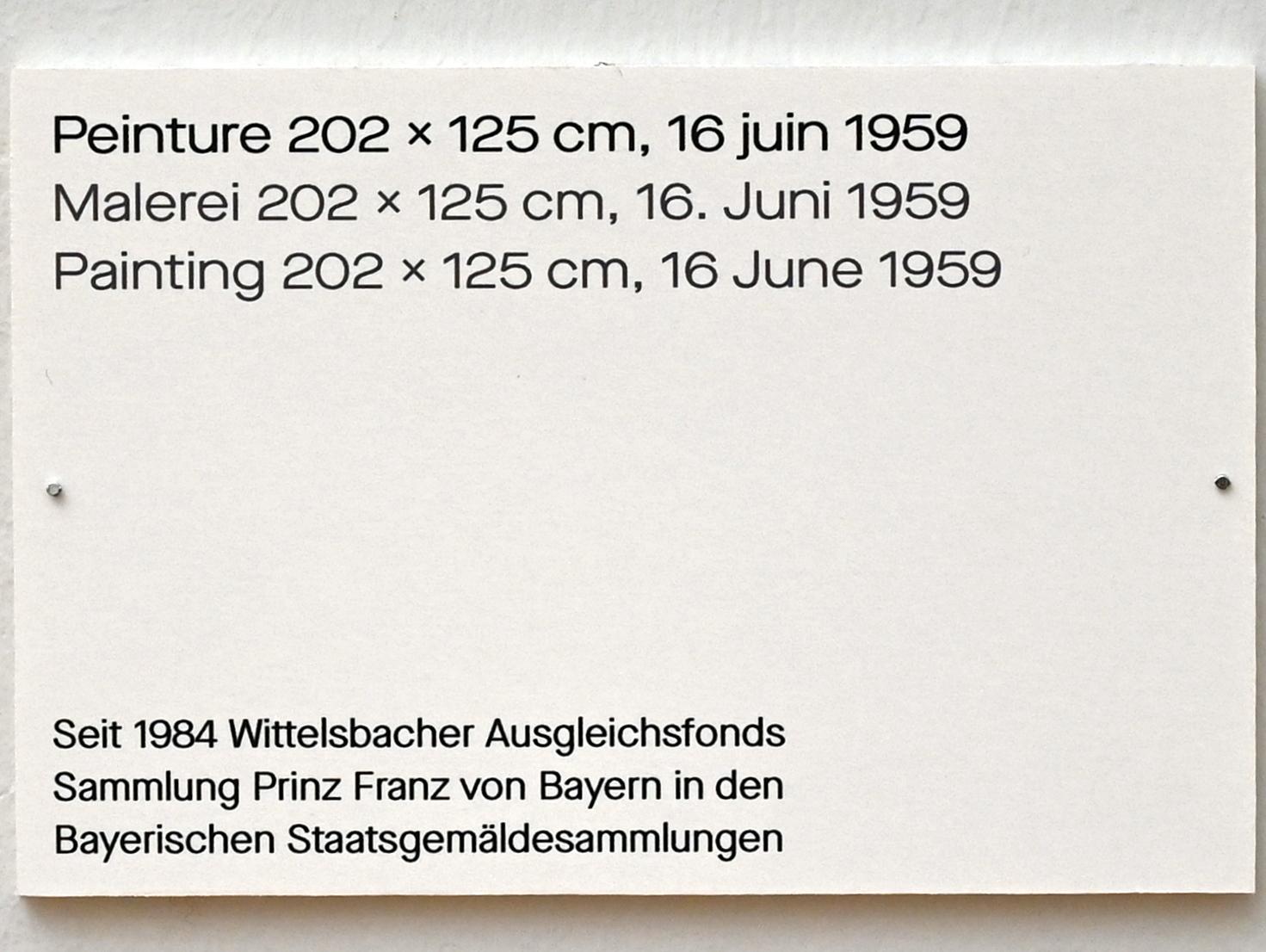 Pierre Soulages (1946&ndash;2019), Malerei 202 x 125 cm, 16. Juni 1959, Chemnitz, Kunstsammlungen am Theaterplatz, Ausstellung "Soulages" vom 28.03.-25.07.2021, Saal 6, 1959, Bild 2/2