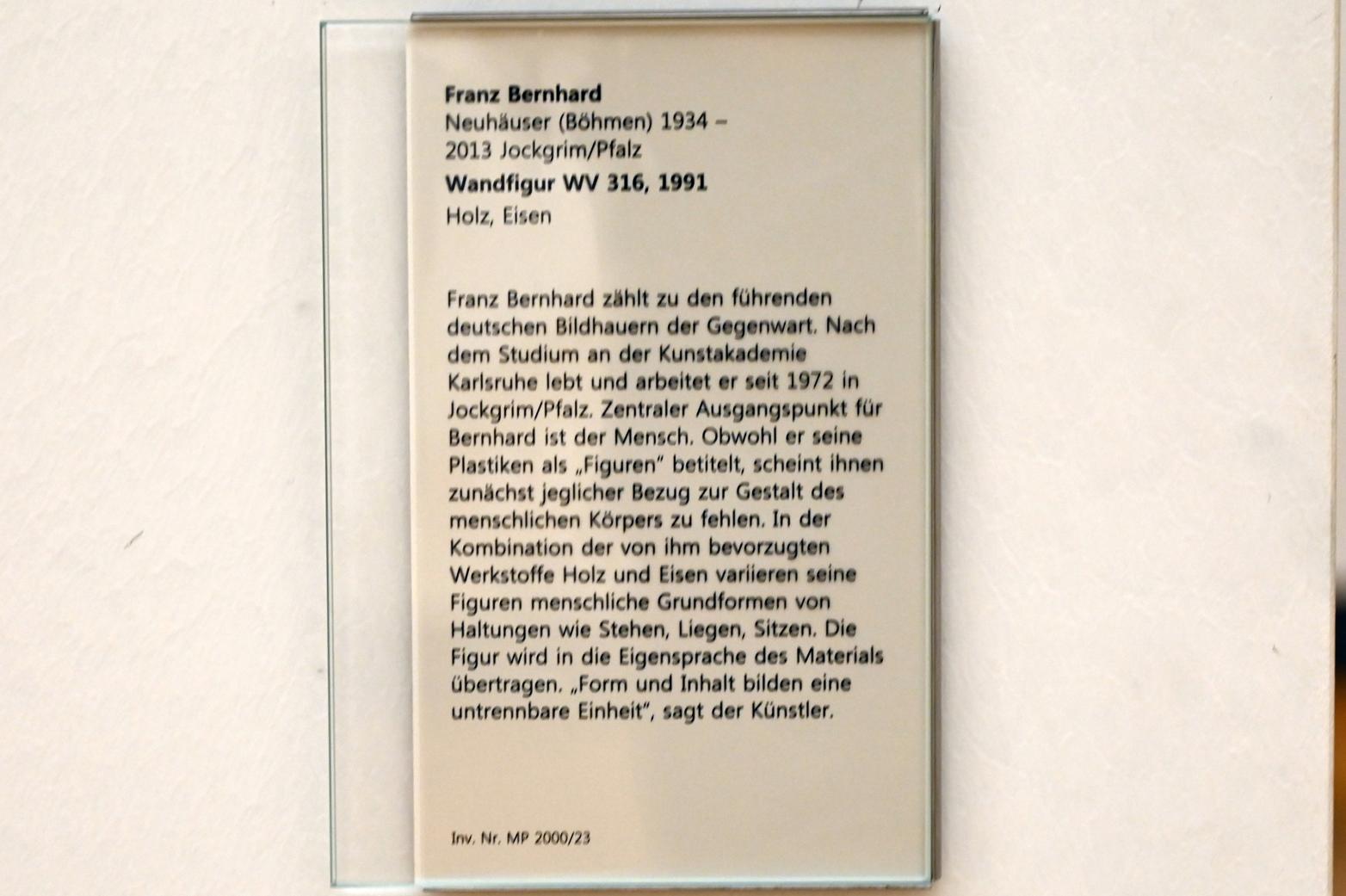 Franz Bernhard (1974&ndash;1991), Wandfigur WV 316, Mainz, Landesmuseum, Moderne, Saal 7, 1991, Bild 4/4