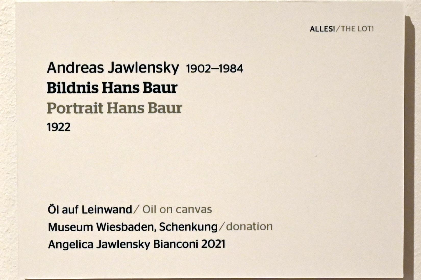 Andreas Jawlensky (1922&ndash;1972), Bildnis Hans Baur, Wiesbaden, Museum Wiesbaden, Ausstellung "Alles! 100 Jahre Jawlensky in Wiesbaden" vom 17.09.-26.06.2022, Saal 11, 1922, Bild 2/2