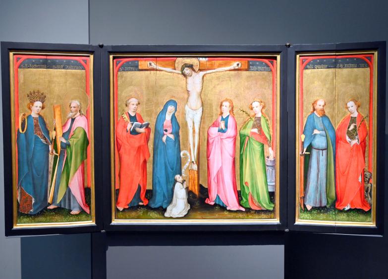 Meister des Kirchsahrer Altars (1430), Triptychon mit gekreuzigtem Christus, Köln, ehem. Damenstift St. Cäcilien, jetzt Köln, Wallraf-Richartz-Museum, Mittelalter - Saal 2, um 1430
