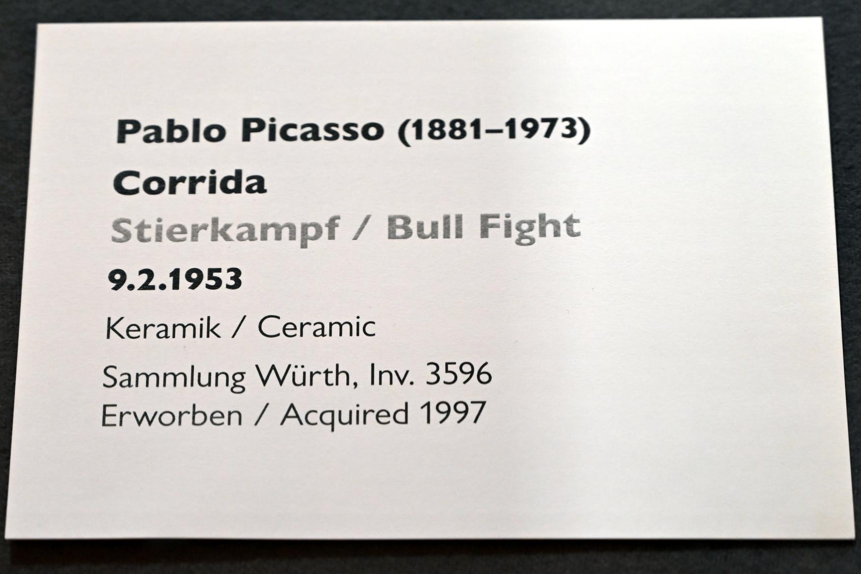 Pablo Picasso (1897&ndash;1972), Stierkampf, Schwäbisch Hall, Kunsthalle Würth, Ausstellung "Sport, Spaß und Spiel" vom 13.12.2021 - 26.02.2023, Untergeschoß, 1953, Bild 2/2