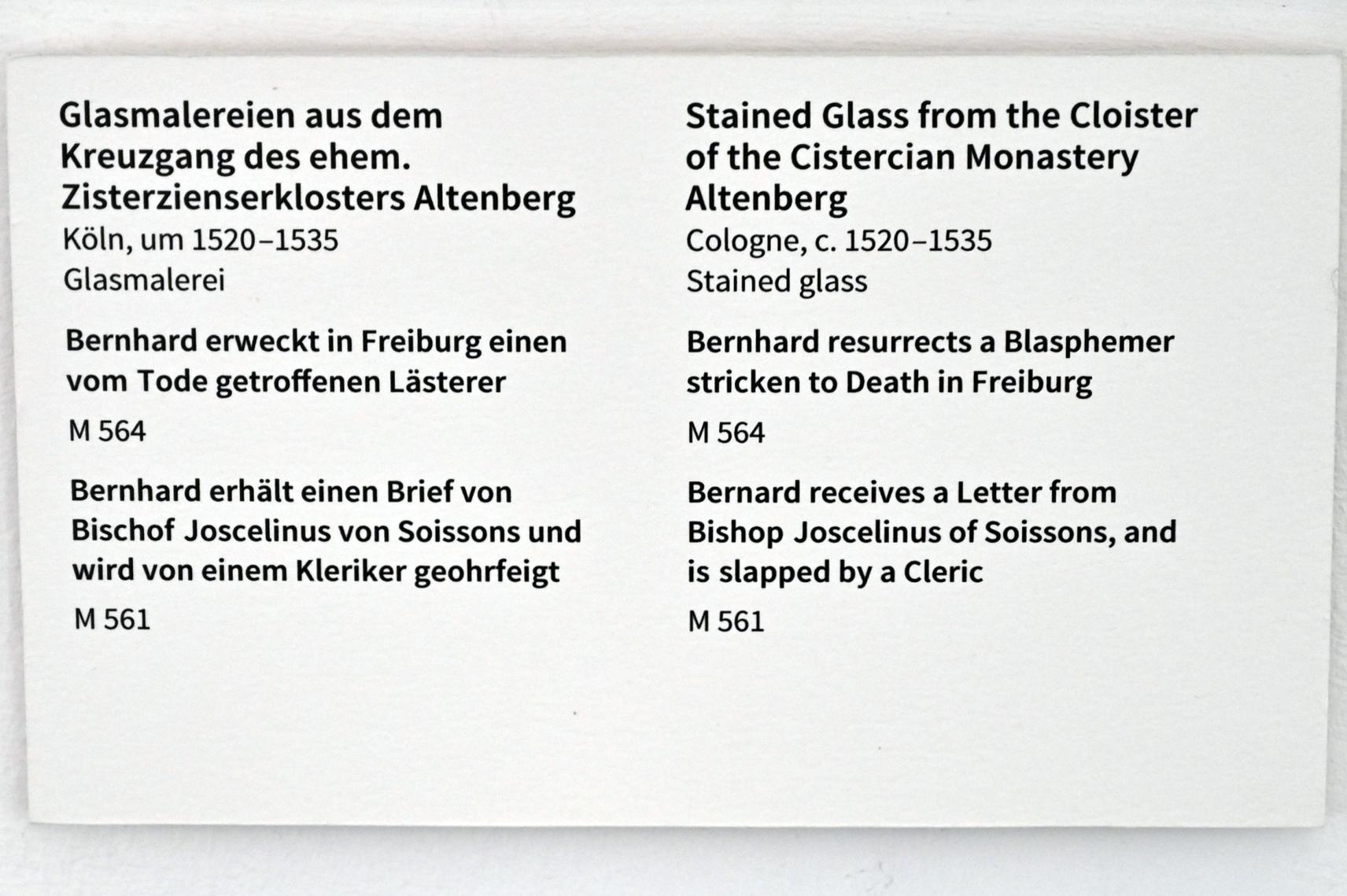 Bernhard erweckt in Freiburg einen vom Tode getroffenen Lästerer, Altenberg (Bergisches Land), ehem. Zisterzienserkloster Altenberg, jetzt Köln, Museum Schnütgen, Saal 1, um 1520&ndash;1535, Bild 2/2