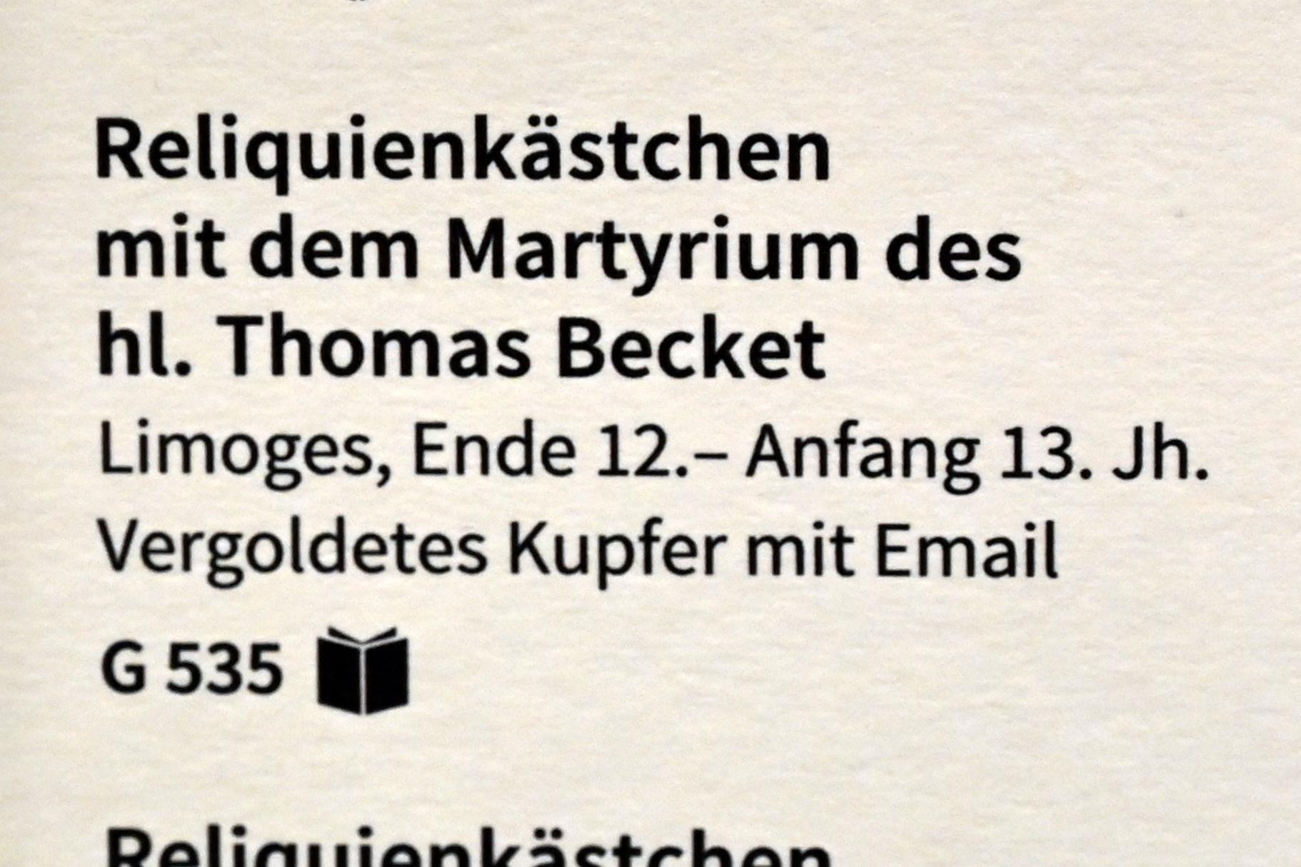 Reliquienkästchen mit dem Martyrium des hl. Thomas Becket, Köln, Museum Schnütgen, Saal 10, um 1180&ndash;1220, Bild 2/2