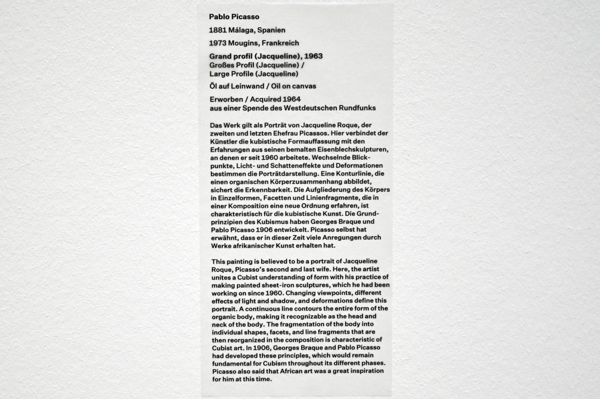 Pablo Picasso (1897&ndash;1972), Großes Profil (Jacqueline), Düsseldorf, Kunstsammlung K20, Saal 7, 1963, Bild 2/2