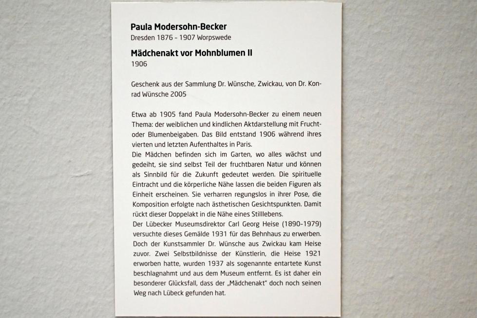 Paula Modersohn-Becker (1900&ndash;1910), Mädchenakt vor Mohnblumen II, Lübeck, Museum Behnhaus Drägerhaus, Obergeschoß Haupthaus Saal 3, 1910, Bild 2/2