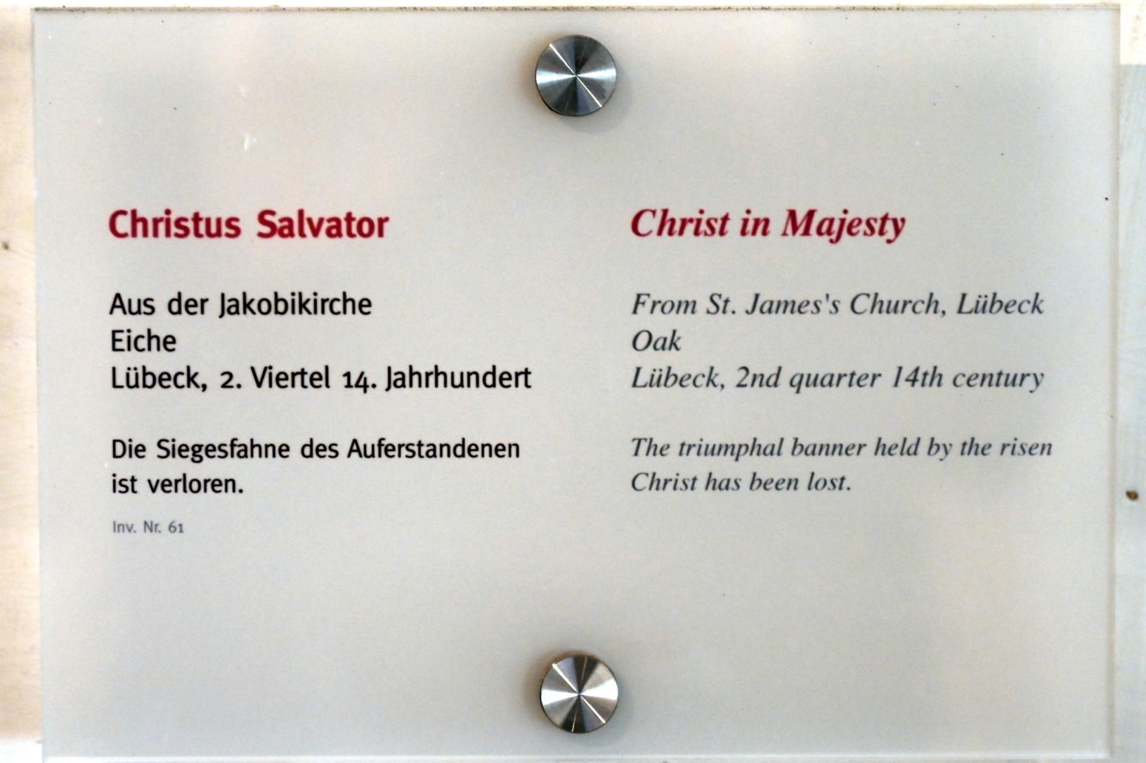 Christus Salvator, Lübeck, Jakobikirche, jetzt Lübeck, St. Annen-Museum, Saal 1, 2. Viertel 14. Jhd., Bild 2/2