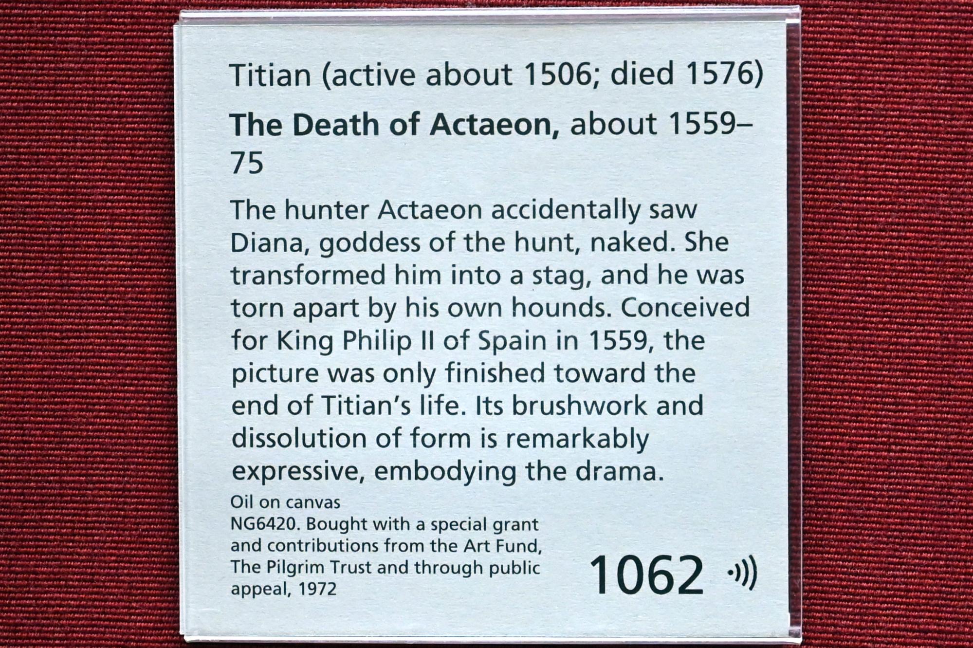 Tiziano Vecellio (Tizian) (1509&ndash;1575), Tod des Aktaion, London, National Gallery, Saal 10, um 1559&ndash;1575, Bild 2/2