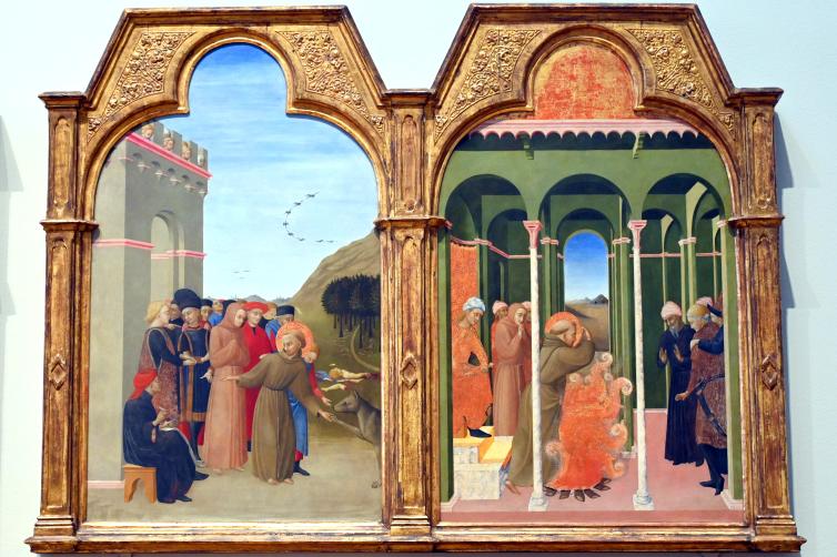 Stefano di Giovanni di Consolo (Sassetta) (1432–1444), Der Heilige Franziskus und der Wolf, Sansepolcro, Chiesa di San Francesco, jetzt London, National Gallery, Saal 52, 1437–1444