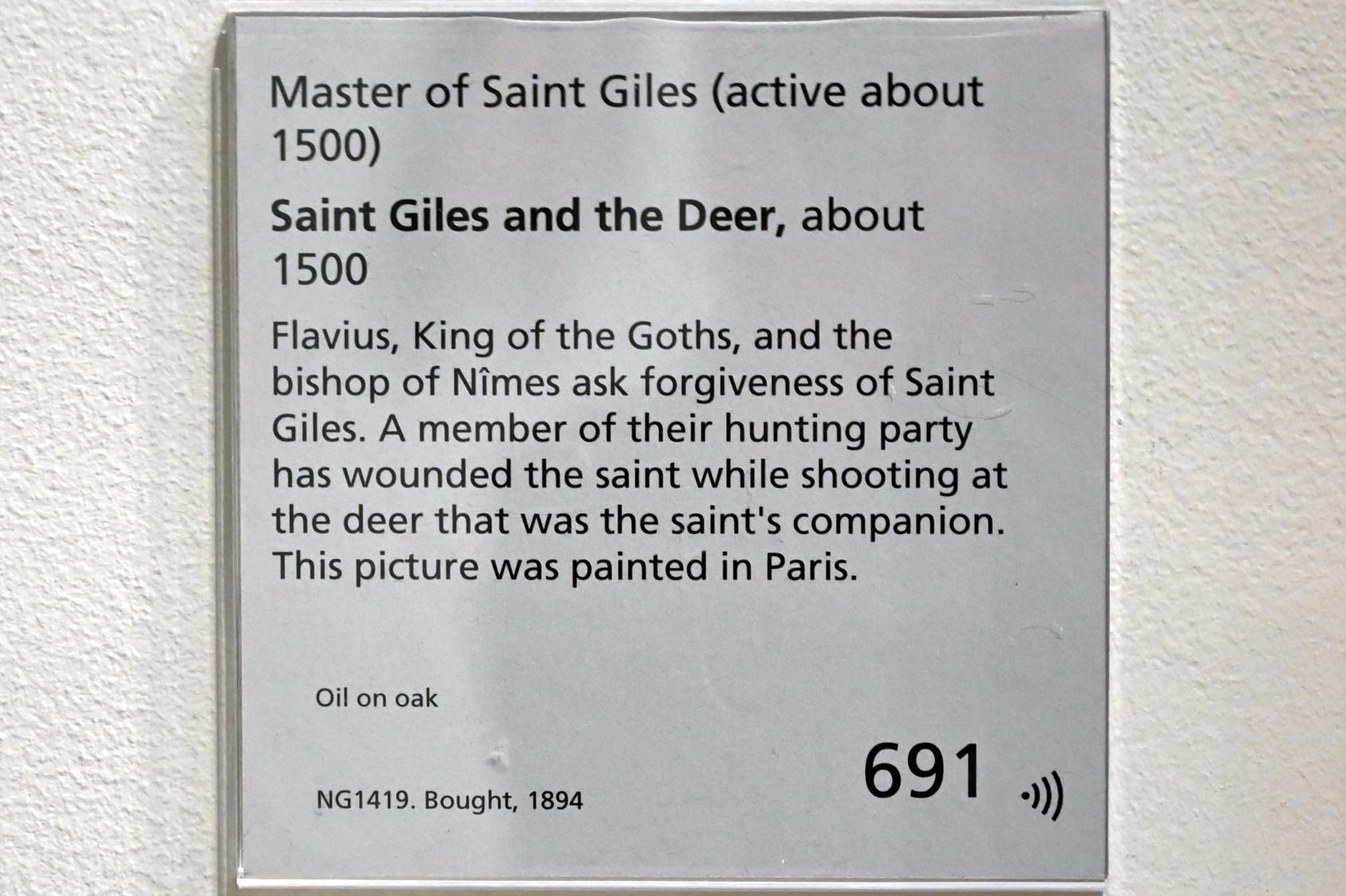Meister des Saint Gilles (Meister des heiligen Ägidius) (1500), Der heilige Ägidius mit der Hirschkuh, London, National Gallery, Saal 64, um 1500, Bild 2/2