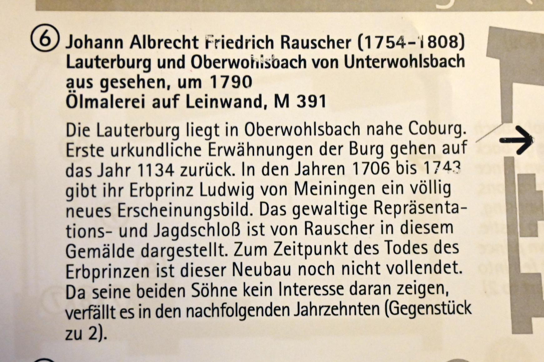 Johann Albrecht Friedrich Rauscher (1790), Lauterburg und Oberwohlsbach von Unterwohlsbach aus gesehen, Coburg, Kunstsammlungen der Veste Coburg, Salon der Herzogin, um 1790, Bild 2/2