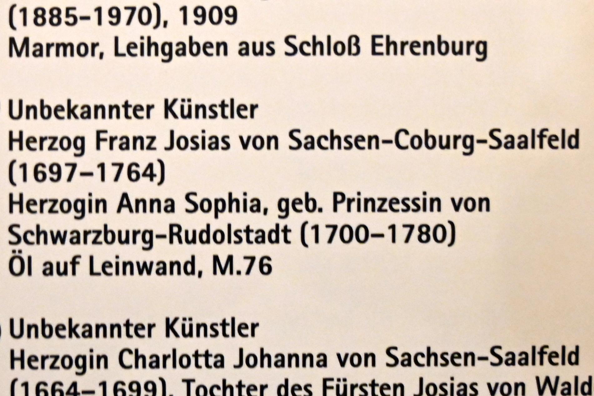 Herzogin Anna Sophia, geb. Prinzessin von Schwarzburg-Rudolstadt (1700-1780), Coburg, Kunstsammlungen der Veste Coburg, Fremdenkorridor, Mitte 18. Jhd., Bild 2/2