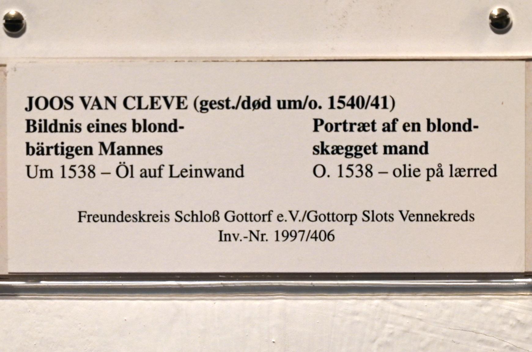 Joos van Cleve (Joos van der Beke) (1507&ndash;1538), Bildnis eines blondbärtigen Mannes, Schleswig, Landesmuseum für Kunst und Kulturgeschichte, Saal 5, um 1538, Bild 2/2