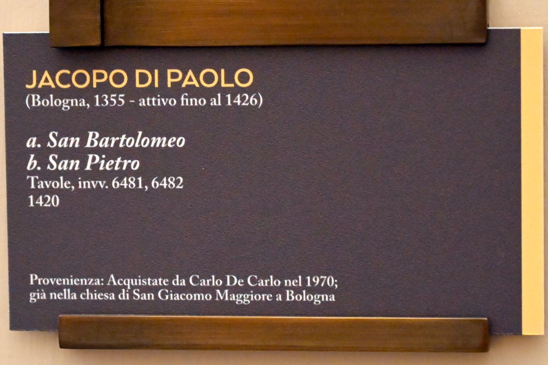 Jacopo di Paolo (1402&ndash;1420), Hl. Bartholomäus, Bologna, Basilika San Giacomo Maggiore, jetzt Bologna, Pinacoteca Nazionale, Saal 2, 1420, Bild 2/2