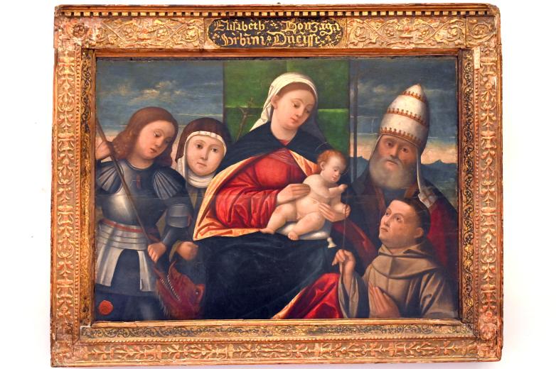 Francesco Rizzo da Santacroce (1515), Maria mit Kind und den heiligen Georg, Klara, einem Papst und Franziskus, Urbino, Monastero di Santa Chiara, jetzt Urbino, Galleria Nazionale delle Marche, Saal 12, um 1510–1520