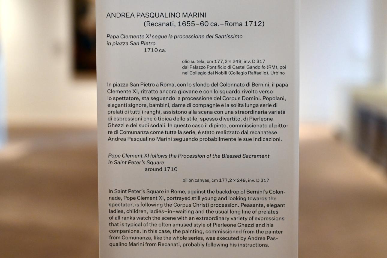 Andrea Pasqualino Marini (1710), Papst Clemens XI. folgt der Fronleichnamsprozession auf dem Petersplatz, Castel Gandolfo, Päpstlicher Palast, jetzt Urbino, Galleria Nazionale delle Marche, Obergeschoß Saal 15, um 1710, Bild 2/2