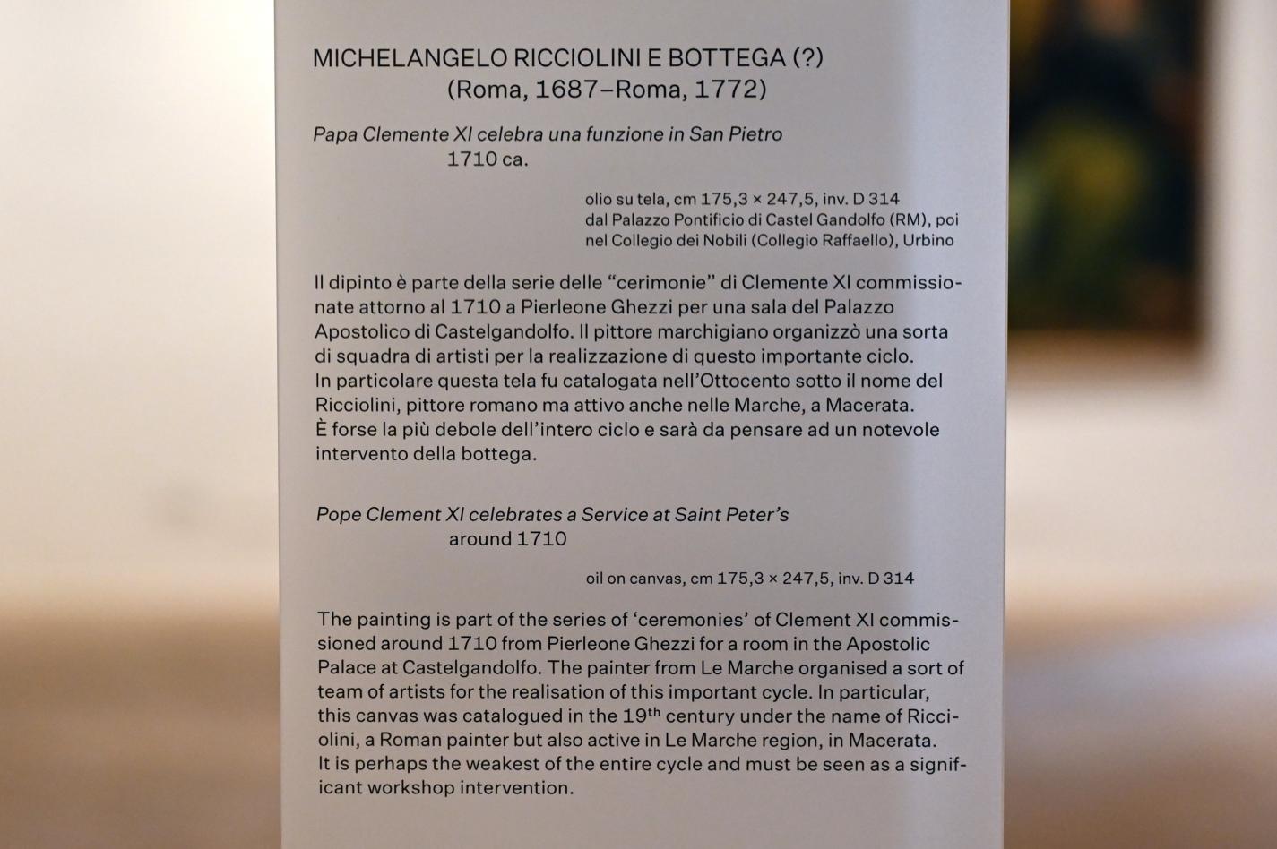 Michelangelo Ricciolini (1710), Papst Clemens XI. feiert eine Messe im Petersdom, Castel Gandolfo, Päpstlicher Palast, jetzt Urbino, Galleria Nazionale delle Marche, Obergeschoß Saal 15, um 1710, Bild 2/2