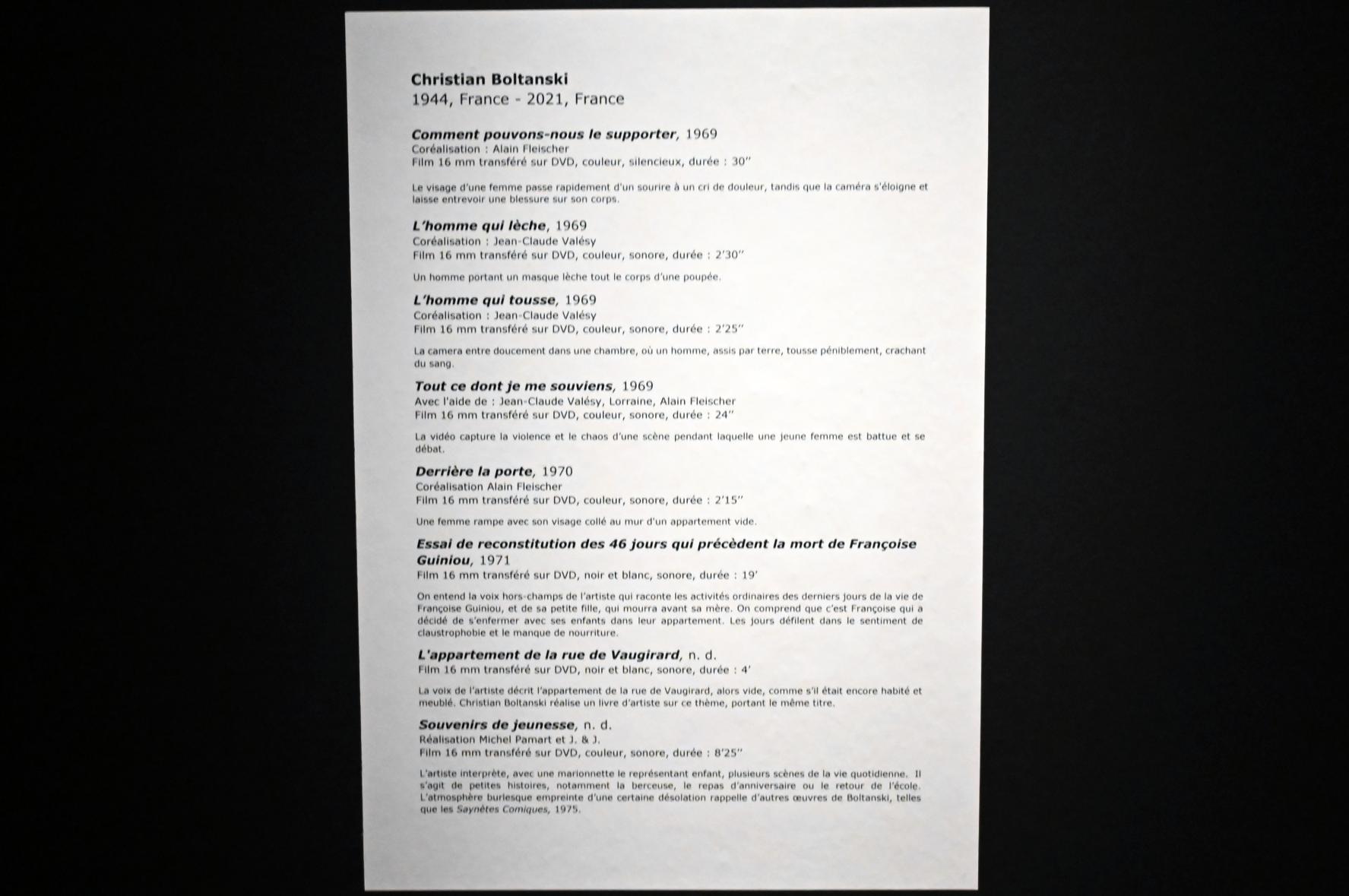 Christian Boltanski (1970–2000), Videofilme, Paris, Musée d’art moderne de la Ville de Paris, Saal Boltanski, 1969–1971, Bild 2/2