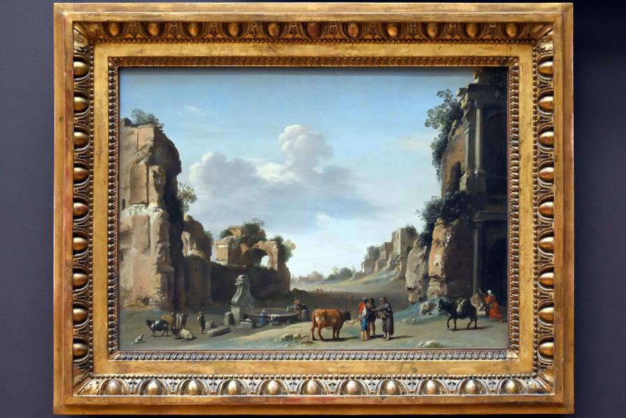 Cornelis van Poelenburgh (1620–1646), Fiktiver Blick auf den Campo Vaccino in Rom mit zwei Eseln, Paris, Musée du Louvre, Saal 845, 1620