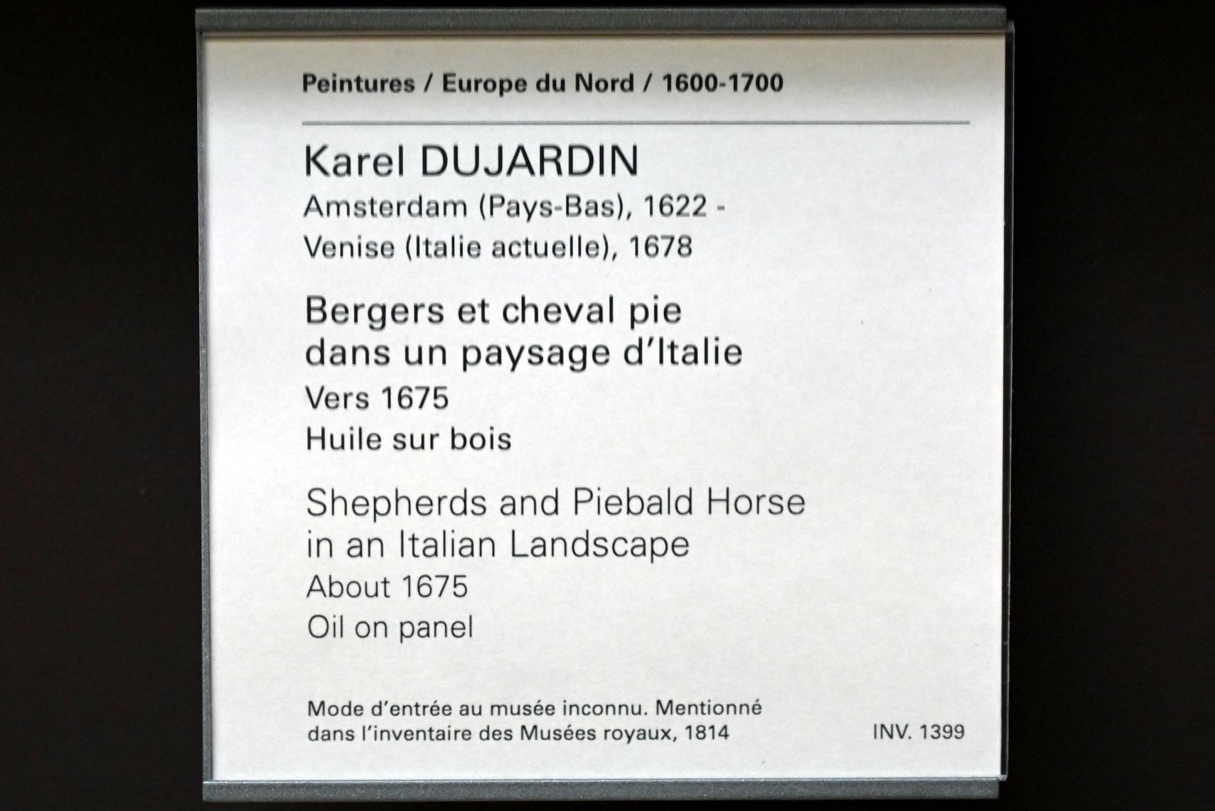 Karel Dujardin (1652&ndash;1678), Hirten und geschecktes Pferd in einer italienischen Landschaft, Paris, Musée du Louvre, Saal 836, um 1675, Bild 2/2