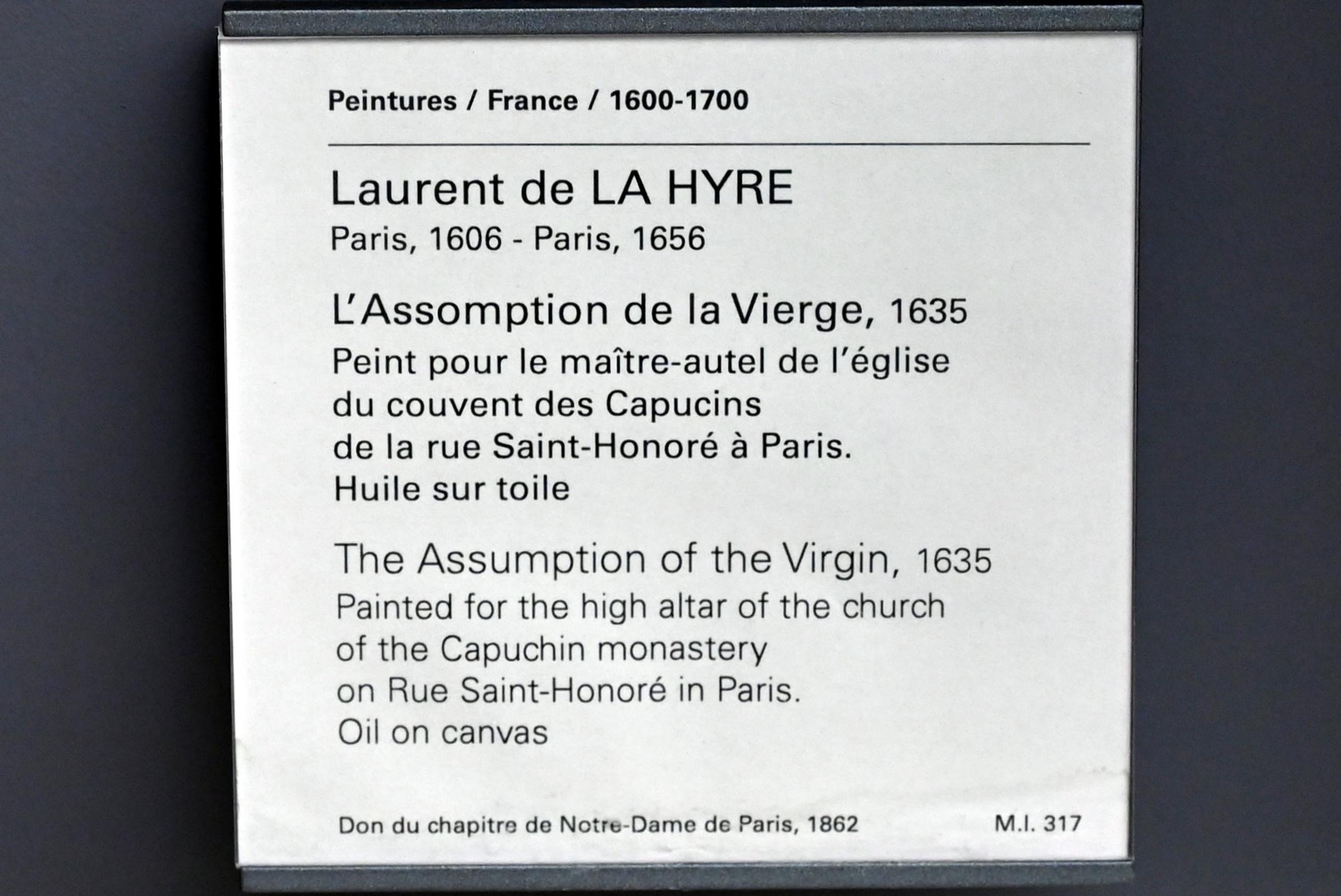 Laurent de La Hyre (1625&ndash;1653), Mariä Himmelfahrt, Paris, Couvent des Capucins de la Rue Saint-Honoré, jetzt Paris, Musée du Louvre, Saal 908, Undatiert, Bild 2/2