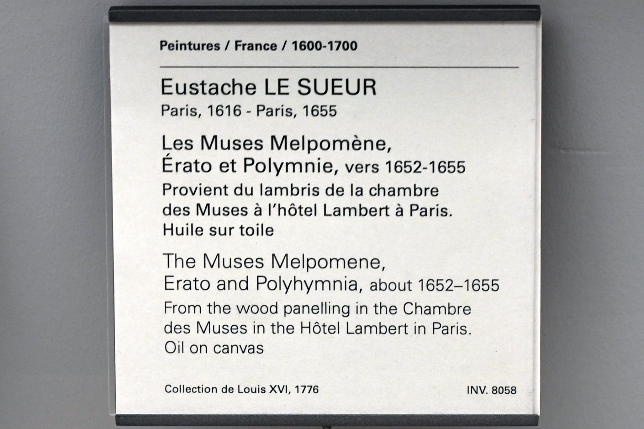 Eustache Le Sueur (1640&ndash;1654), Die Musen Melpomene, Erato und Polyhymnia, Paris, Hôtel Lambert, jetzt Paris, Musée du Louvre, Saal 911, um 1652&ndash;1655, Bild 2/2