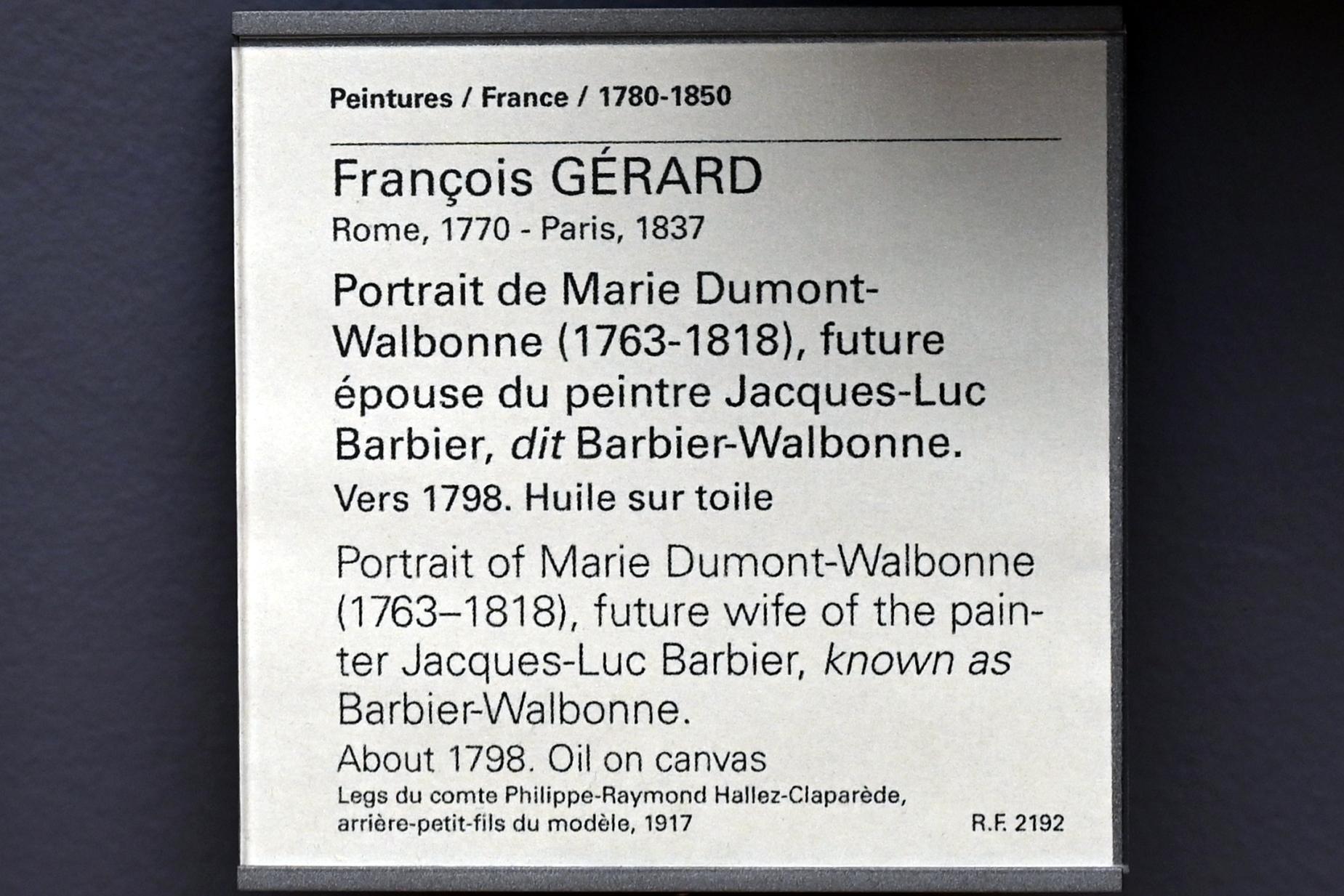 François Gérard (1794&ndash;1824), Porträt der Marie Dumont-Walbonne (1763-1818), spätere Ehefrau des Malers Jacques-Luc Barbier, bekannt als Barbier-Walbonne, Paris, Musée du Louvre, Saal 935, um 1798, Bild 2/2