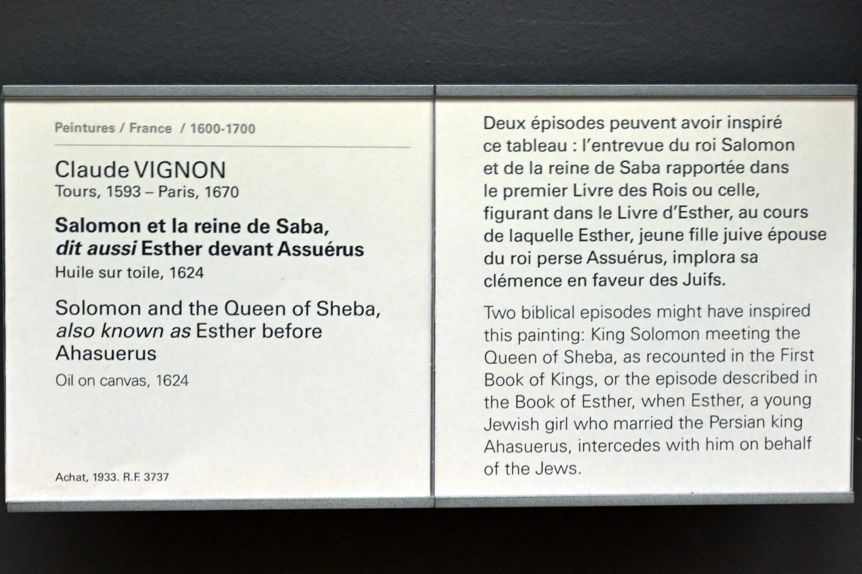Claude Vignon (1617&ndash;1624), Salomo und die Königin von Saba (Esther vor Ahasveros), Paris, Musée du Louvre, Saal 829, 1624, Bild 2/2