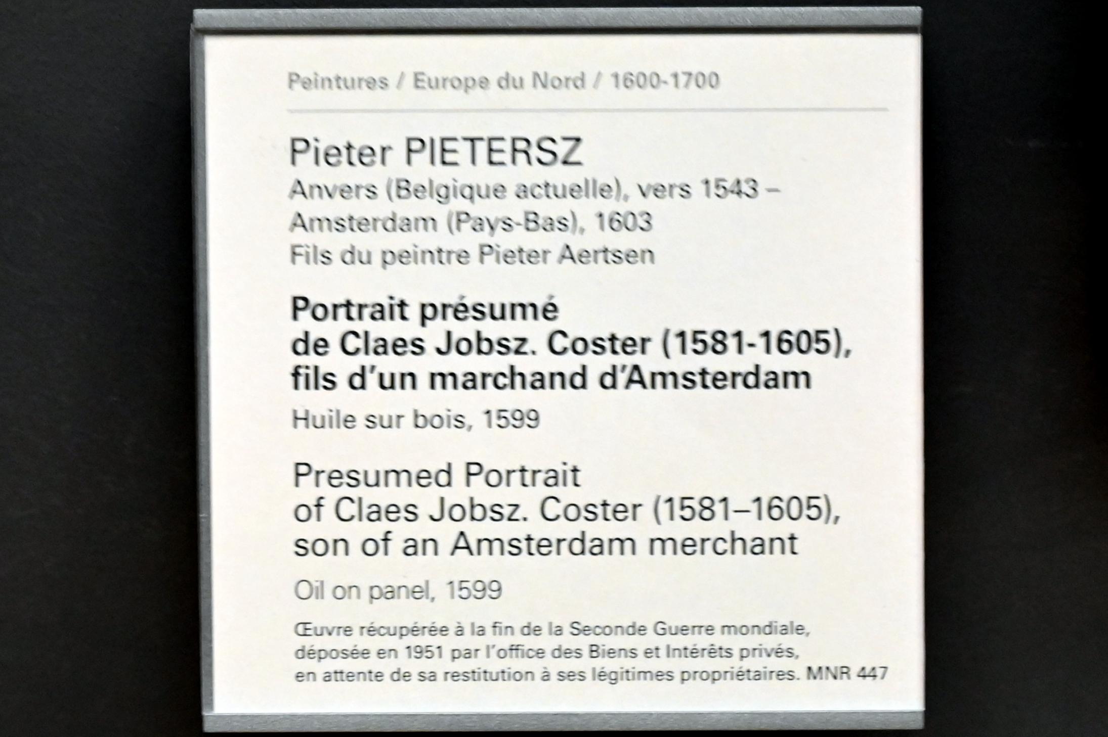 Pieter Pietersz (1587&ndash;1599), Vermutliches Porträt des Claes Jobsz. Coster (1581–1605), Sohn eines Amsterdamer Kaufmanns, Paris, Musée du Louvre, Saal 806, 1599, Bild 2/2