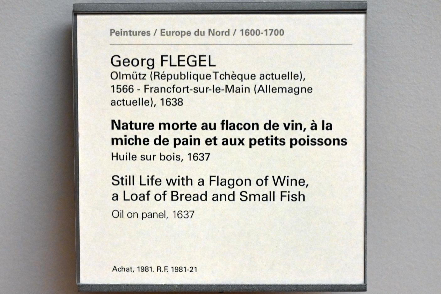 Georg Flegel (1595&ndash;1638), Stillleben mit einer Flasche Wein, einem Laib Brot und kleinen Fischen, Paris, Musée du Louvre, Saal 807, 1637, Bild 2/2