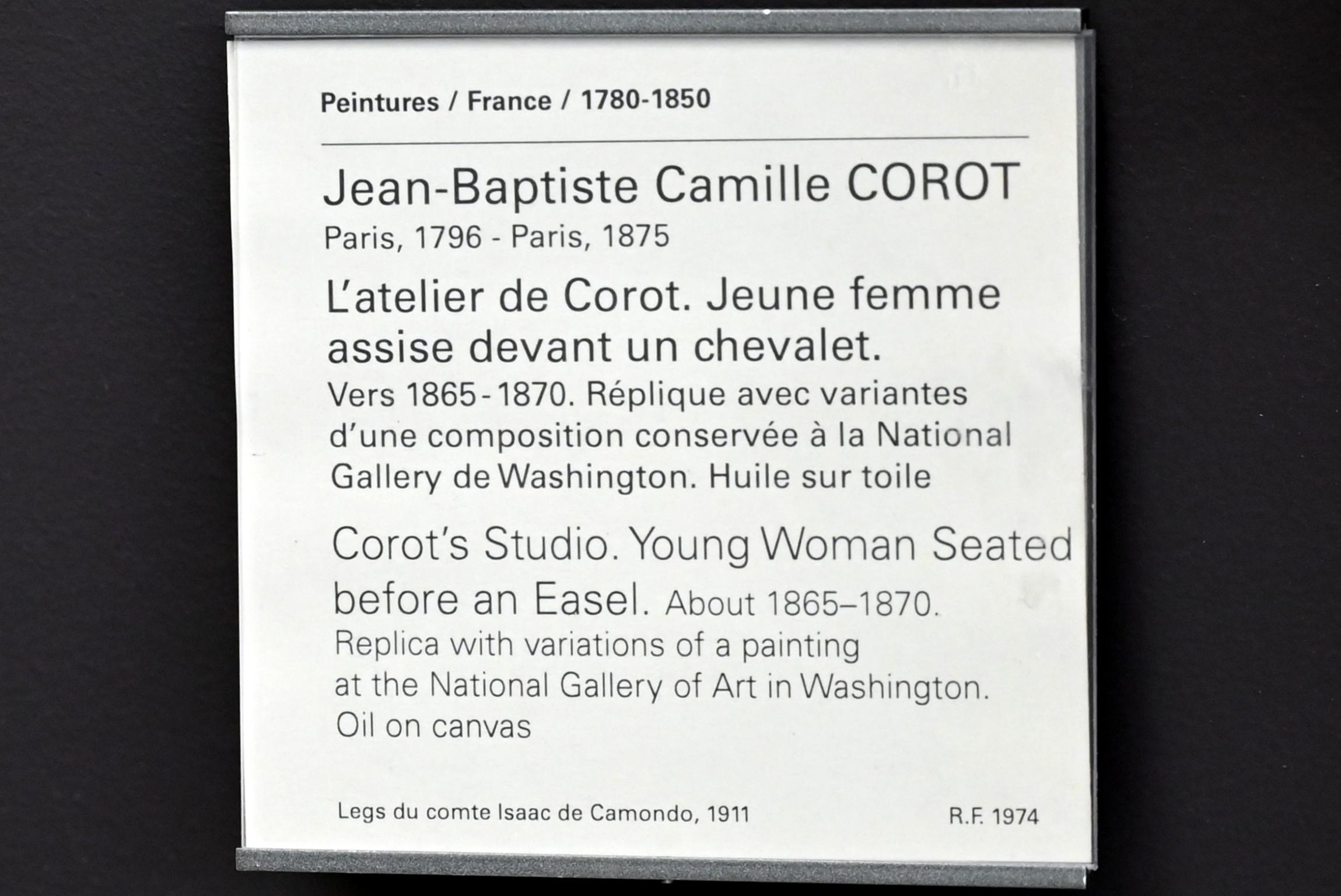 Jean-Baptiste Camille Corot (1823&ndash;1874), Junge Frau in Corots Atelier vor einer Staffelei sitzend, Paris, Musée du Louvre, Saal 952, um 1865&ndash;1870, Bild 2/2