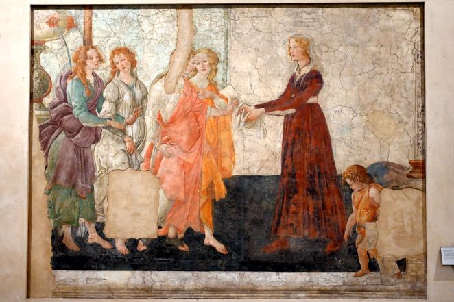 Sandro Botticelli (1462–1500), Venus, die römische Göttin der Liebe, und die drei Grazien, die einer jungen Frau Geschenke überreichen, Florenz, Villa Lemmi, jetzt Paris, Musée du Louvre, Saal 706, um 1483–1485
