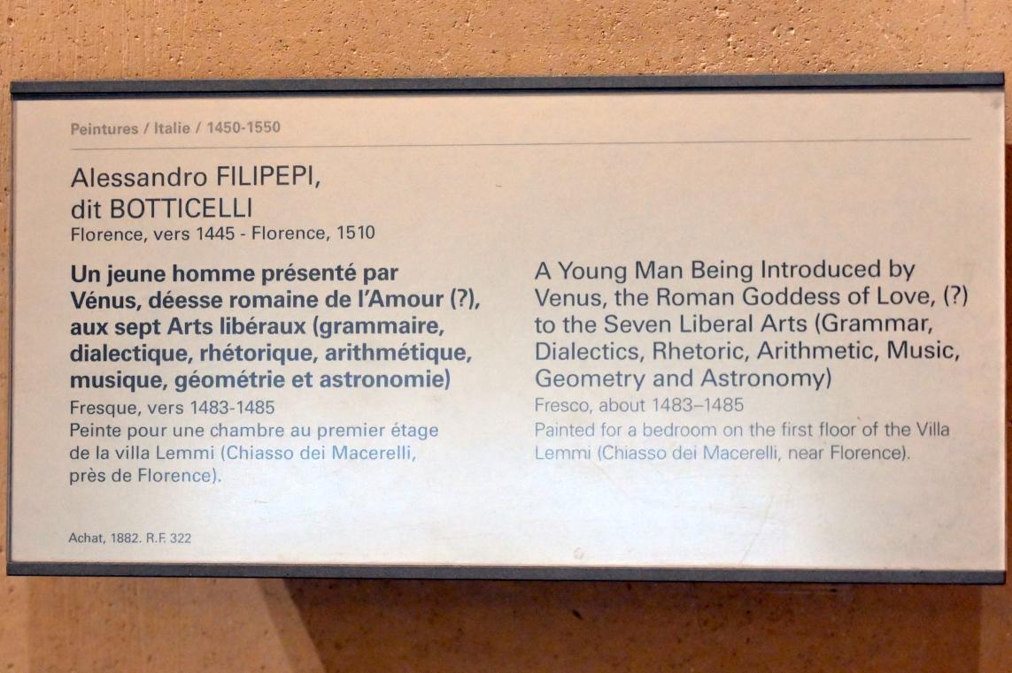 Sandro Botticelli (1462&ndash;1500), Ein junger Mann wird von Venus, der römischen Göttin der Liebe (?), den sieben freien Künsten (Grammatik, Dialektik, Rhetorik, Arithmetik, Musik, Geometrie und Astronomie) vorgestellt, Florenz, Villa Lemmi, jetzt Paris, Musée du Louvre, Saal 706, um 1483&ndash;1485, Bild 2/2