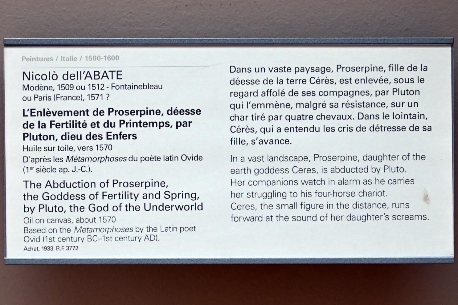 Nicolò dell’Abate (1532&ndash;1570), Die Entführung der Proserpina, der Göttin der Fruchtbarkeit und des Frühlings, durch Pluto, den Gott der Unterwelt, Paris, Musée du Louvre, Saal 712e, um 1570, Bild 2/2