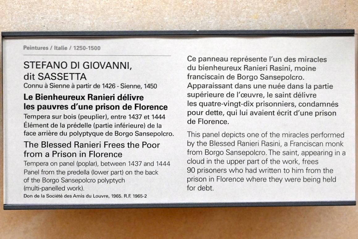 Stefano di Giovanni di Consolo (Sassetta) (1432&ndash;1444), Der selige Ranieri befreit die Armen aus einem Gefängnis in Florenz, Sansepolcro, Chiesa di San Francesco, jetzt Paris, Musée du Louvre, Saal 709, 1437&ndash;1444, Bild 2/2