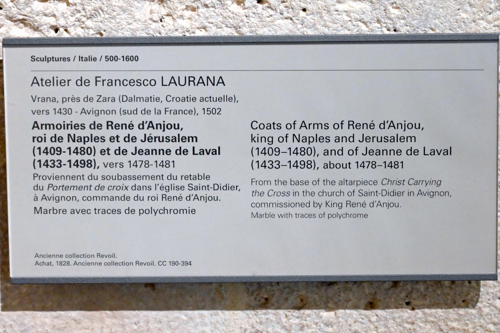 Francesco Laurana (Werkstatt) (1479), Wappen von René d'Anjou, König von Neapel und Jerusalem (1409–1480) und von Jeanne de Laval (1433–1498), Paris, Musée du Louvre, Saal 160, um 1478&ndash;1481, Bild 2/2